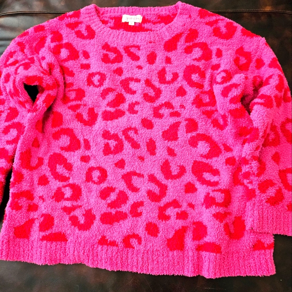 Pink Leopard Print Sweater. Size Small